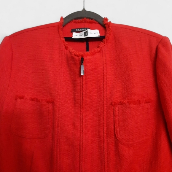Vtg ST. EMILE for HARRIET KASSMAN Red Tweed Jacket Blazer Zip Fringe Pocket - Picture 2 of 13